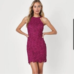 Lulus Womens |M| Love Poem Magenta Crochet Lace Halter Mini Dress